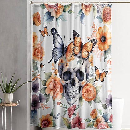 AILONEN 3D Sugar Skull Shower Curtain,Sunflower with Skeleton Design Shower Curtain Set with Hooks for Boys Girls,Butterfly Gothic Skull Waterproof Fabric Shower Curtain for Bathroom,72" W*72" H