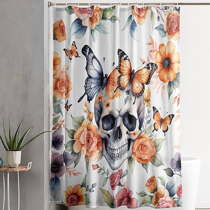 AILONEN 3D Sugar Skull Shower Curtain,Sunflower with Skeleton Design Shower Curtain Set with Hooks for Boys Girls,Butterfly Gothic Skull Waterproof Fabric Shower Curtain for Bathroom,72" W*96" H