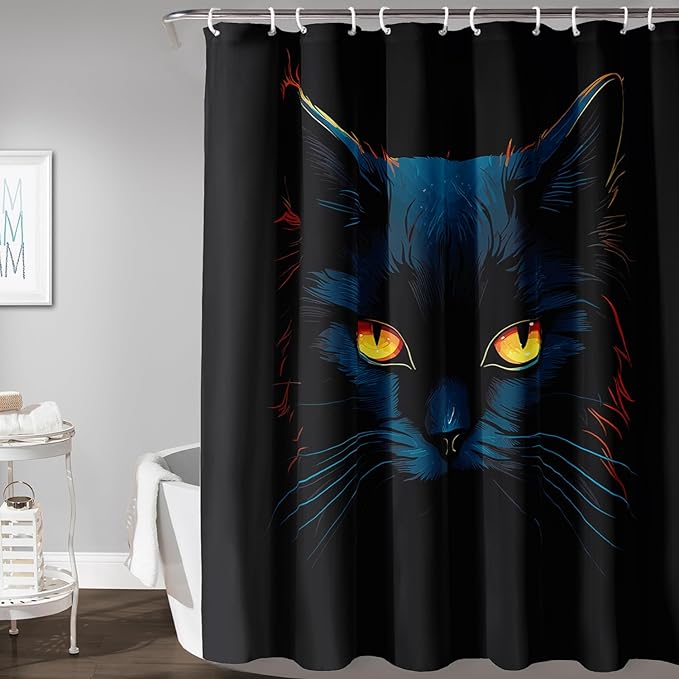 AILONEN Black Cat Shower Curtain,Wildlife Cat Bath Curtain for Adults,Animal Theme Polyester Waterproof with 12 Plastic Hooks 72" W*78" H