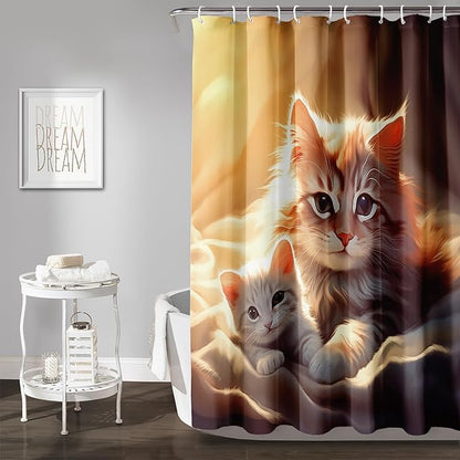 AILONEN 3D Kawaii Cat Shower Curtain, Beautiful Kittens with Flower Shower Curtain for Kids Girl Boys Bathroom Decor,Cute Pet Animal Cat Lover Waterproof Shower Curtains Sets with Hooks,48" W*72" H