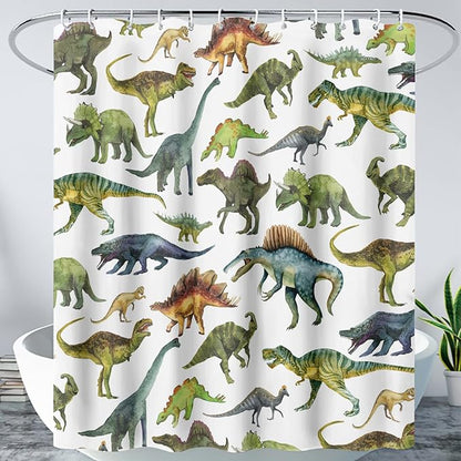 AILONEN Dinosaur Shower Curtain 72" W*96" H for Bathroom,Cartoon Dinosaur Bathroom Shower,Tropical Jungle Dinosaur Kids Boys Bath Curtain Polyester Waterproof Bathroom Curtain with 12 Hooks