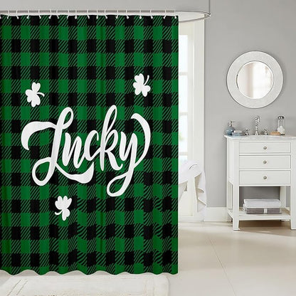 Happy St. Patrick's Day Kids Shower Curtains,Leaf Irish Holiday Bathroom Curtains for Girls Boys,Geometric Grids Checkered Patchwork Green Retro Waterproof Curtains,12 Hooks Suits,72"W x 78"L