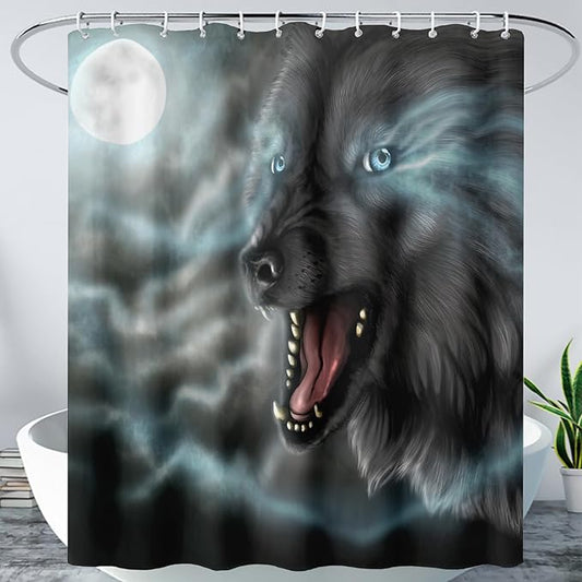 AILONEN Howling Wolf Shower Curtain,Cloud Moon Wolf Bath Curtain,Wildlife Wolf Polyester Waterproof for Bathroom,72" W*96" H with 12 Plastic Hooks