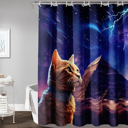 AILONEN Cat Shower Curtain,Blue Galaxy Lightning Pyramid Pet Cat Bath Curtain Gifts for Cat Lover,Polyester Waterproof for Bathroom,60" W*72" H with 12 Plastic Hooks