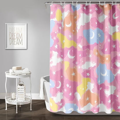 AILONEN Pink Galaxy Shower Curtain,Star and Moon Theme Bathroom Shower Curtain for Girls Kids Teens, 72" W*78" H Colorful Starry Sky Shower Curtain for Bathroom