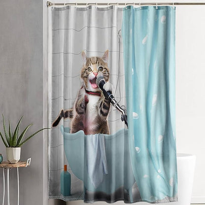 AILONEN Cartoon Shower Cat Shower Curtain for Kids Boys,Funny Singing Cat Waterproof Fabric Shower Curtain for Bathroom,Lovely Hilarious Pet Shower Curtain Set with Hooks,72" W*78" H