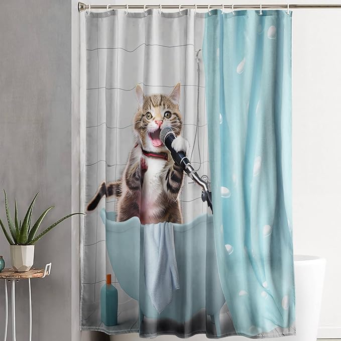 AILONEN Cartoon Shower Cat Shower Curtain for Kids Boys,Funny Singing Cat Waterproof Fabric Shower Curtain for Bathroom,Lovely Hilarious Pet Shower Curtain Set with Hooks,72" W*72" H