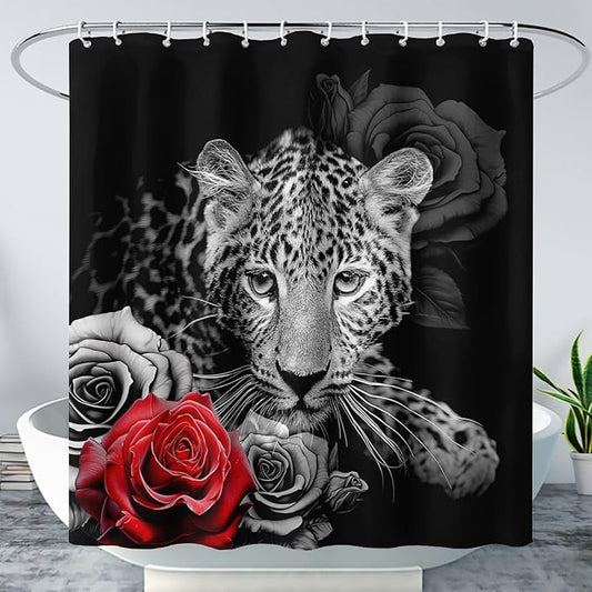 AILONEN Grey Leopard Shower Curtains for Women,Rose Leopard Bath Curtains Gifts for Lover,Polyester Waterproof for Bathroom with 12 Plastic Hooks 72" W*78" H Grey