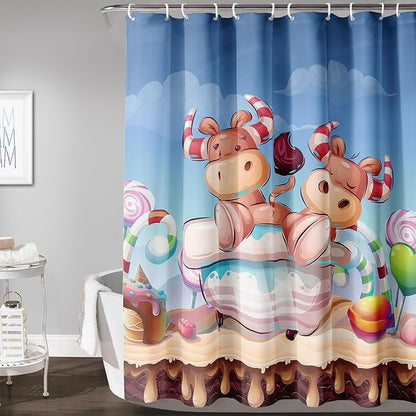 AILONEN Cute Cow Kids Shower Curtain 72" W*84" H Cartoon Candy Printed Shower Curtain Boys Girls Children Bathroom Curtain Decor Polyester Waterproof Curtain with 12 Hooks