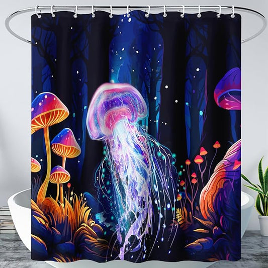 AILONEN Beautiful Jellyfish Shower Curtain,Magic Mushroom Waterproof Fabric Bath Curtain for Kids Girls,Boho Style Mysterious Planet Shower Curtain Set for Bathroom, 72" W*84" H