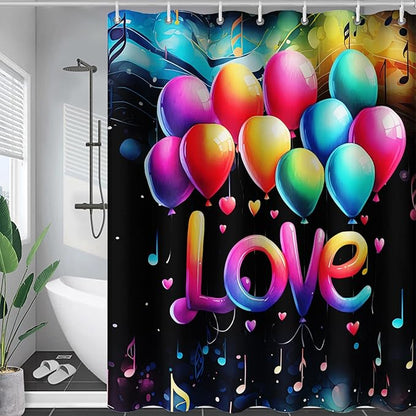 AILONEN Love Theme Shower Curtain for Bathroom, Romantic Rainbow Balloon Tie Dye Bath Curtain for Kids Girls Women,Abstract Music Black Shower Curtain Waterproof with 12 Plastic Hooks, 72" W*84" H