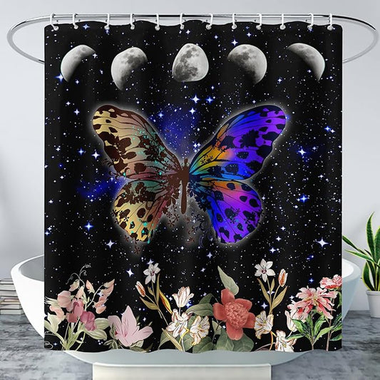 AILONEN Colorful Moth Shower Curtain,Sun and Moon Shower Curtain Set for Kids Girls Boys,Boho Natural Flowers Bath Curtain,Starry Night Bathroom Decor Shower Curtain with 12 Hooks,72" W*84" H