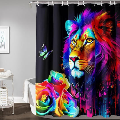 AILONEN Colorful Lion Shower Curtain for Kids Boys Teens,Rose Flower Graffiti Lion Bath Curtain for Bathroom Decor,Romantic Polyester Waterproof with 12 Plastic Hooks 72" W*78" H