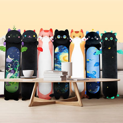 Long Cat Plush Kawaii Kids Plush Toy Pillows, Cute Black Cat Stuffed Animals Soft Plushies, Kitten Big Plush Toys Throw Body Pillow Doll Gift for Girls Boys (Black Starry Cat 44 Inch)