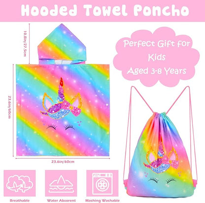 Kids Hooded Towels for Girls, Unicorn Hooded Beach Towel for Kids, Soft & Absorbent Cotton Kids Poncho Towels for 3-8 Years, 24"x24"(Rainbow Unicorn)