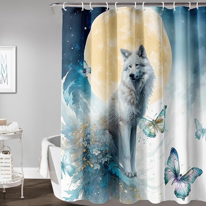 AILONEN 3D Printed Wolf Shower Curtain, Watercolor Floral Wolf Bath Curtain for Boys Girls Kids,Modern Minimalist White Waterproof Fabric Shower Curtain 48" W*72" H