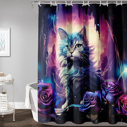AILONEN Cool Cat Shower Curtains,Purple Rose Cat Bath Curtains for Bathroom Decor,Cave Cat Curtains for Kids,72" W*78" H Polyester Waterproof with 12 Plastic Hooks