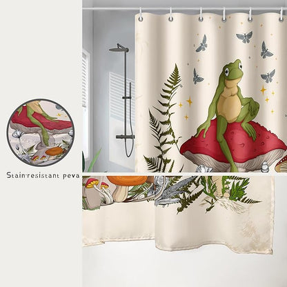 AILONEN Frog Mushroom Shower Curtain Cartoon Animal Wildlife Red Mushroom Boho Aesthetic Minimalist Modern Art Bathroom Decor 72" W*78" H Shower Curtains with 12 Hooks