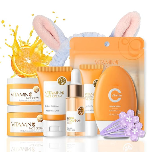 Skincare Kit Vitamin C Girls Gifts Mom Gift- Skin Care Set - Hydrating Gift Set for Women - Smoothing Skin Care for Teens 10-12 - Travel Size Face Kit with Serum,Eye Cream,Sunscreen,Face Cream（7pcs）