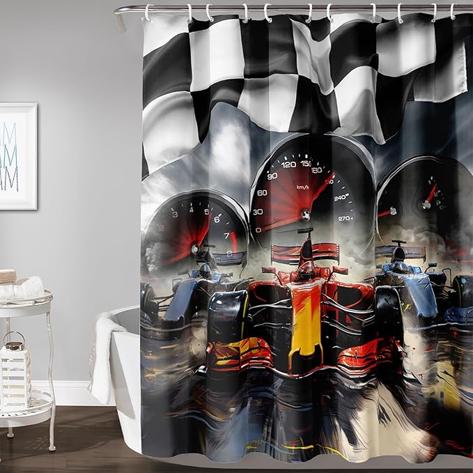 AILONEN Racing Car Shower Curtains,Checkered Speed Car Bath Curtains Gifts for Racer,Polyester Waterproof for Bathroom with 12 Plastic Hooks 72" W*96" H