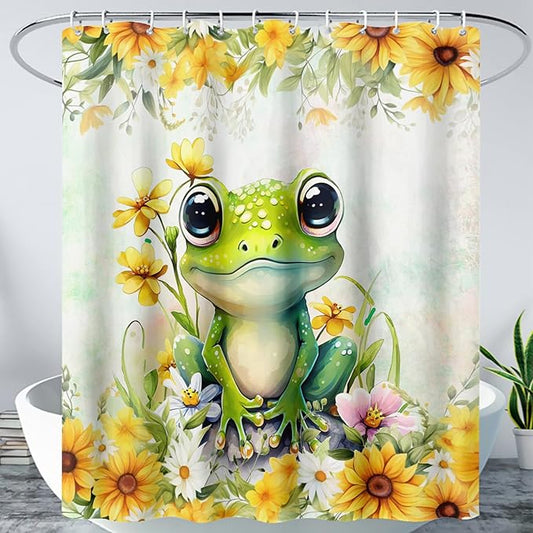 AILONEN Green Frog Shower Curtain,Cute Cartoon Frog Waterproof Fabric Shower Curtain for Bathroom,Beautiful Sunflower Kawaii Tree Frog Shower Curtain Set with Hooks for Kids Boys Girls,72" W*84" H