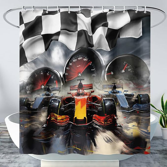 AILONEN Racing Car Shower Curtains,Checkered Speed Car Bath Curtains Gifts for Racer,Polyester Waterproof for Bathroom with 12 Plastic Hooks 72" W*78" H