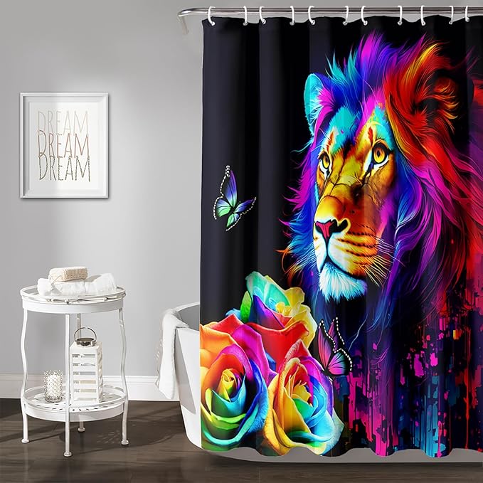 AILONEN Colorful Lion Shower Curtain for Kids Boys Teens,Rose Flower Graffiti Lion Bath Curtain for Bathroom Decor,Romantic Polyester Waterproof with 12 Plastic Hooks 72" W*78" H