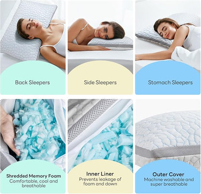 Cooling Pillows for Sleeping Queen Size Set of 2,Shredded Memory Foam Bed Pillow with Pillow Case-Double Sided Material,Adjustable Loft Queen Pillow for Side & Back Sleeper-Medium Firm