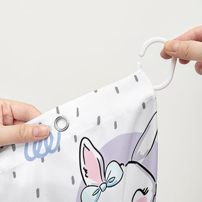 AILONEN Cute Rabbit Shower Curtain, Cartoon Kawaii Bunny Shower Curtain for Bathroom,Modern Minimalist White Waterproof Fabric Shower Curtain Set with Hooks 36" W*72" H