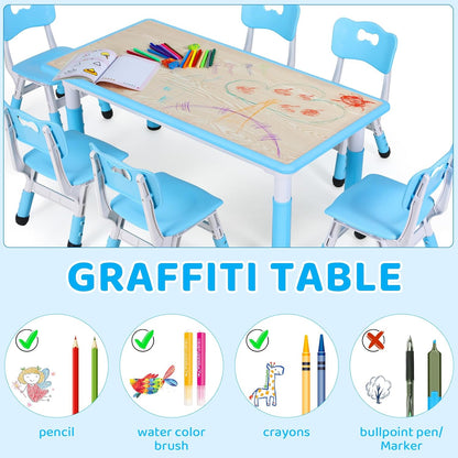 Kids Table and 6 Chairs Set, Height Adjustable Graffiti Desk, Preschool Activity Art Craft Table, for Daycare Classroom Home Boys and Girls Age 3-12 (Blue)