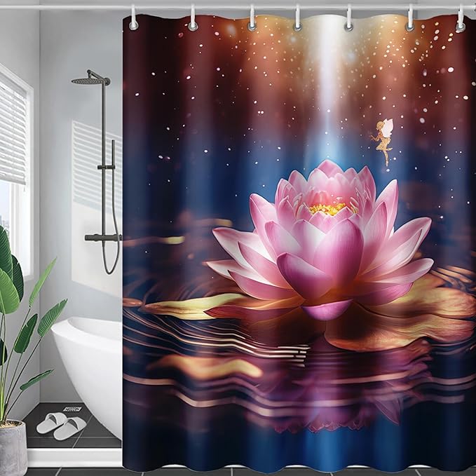 AILONEN Pink Flower Shower Curtain,Galaxy Floral Lotus Flower Bath Curtain,Polyester Waterproof for Bathroom with 12 Plastic Hooks 72" W*78" H