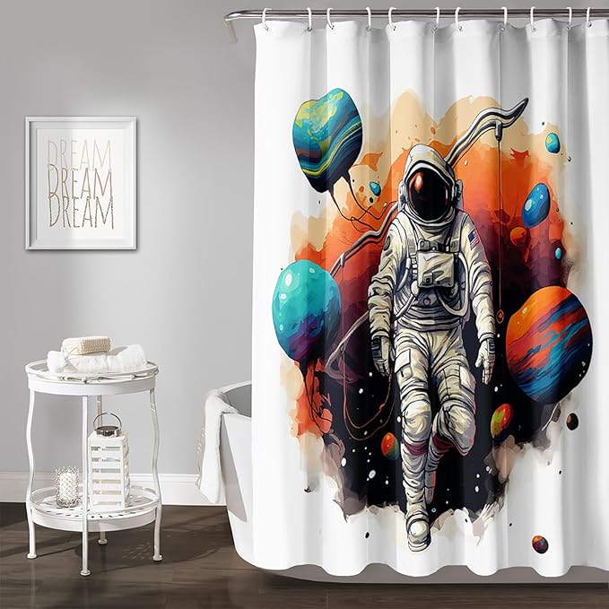 AILONEN Astronaut Shower Curtain for Bathroom,Planet Spaceman Bath Curtain for Kids Boys Teens,Universe Polyester Waterproof with Plastic Hooks 36" W*72" H