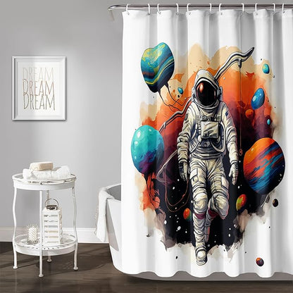 AILONEN Astronaut Shower Curtain for Bathroom,Planet Spaceman Bath Curtain for Kids Boys Teens,Universe Polyester Waterproof with Plastic Hooks 36" W*72" H
