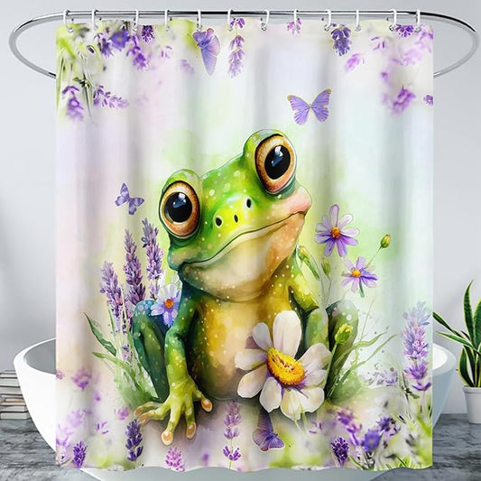 AILONEN Cartoon Frog Shower Curtain, Cute Green Frog Shower Curtain Set with Hooks for Kids Boys Girls,Purple Flowers Tropical Amphibian Waterproof Fabric Shower Curtain for Bathroom,60" W*72" H
