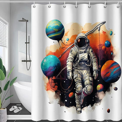 AILONEN Astronaut Shower Curtain for Bathroom,Planet Spaceman Bath Curtain for Kids Boys Teens,Universe Polyester Waterproof with Plastic Hooks 36" W*72" H