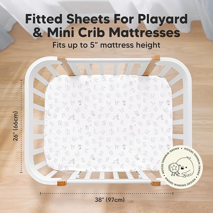 Pack and Play Sheets Fitted, 2-Pack Mini Crib Sheets - Pack N Play Sheets, Organic Fitted Crib Sheet for Pack and Play Mattress, Playard Baby Crib Sheets,Crib Sheets Neutral for Boys,Girls (ABC Land)