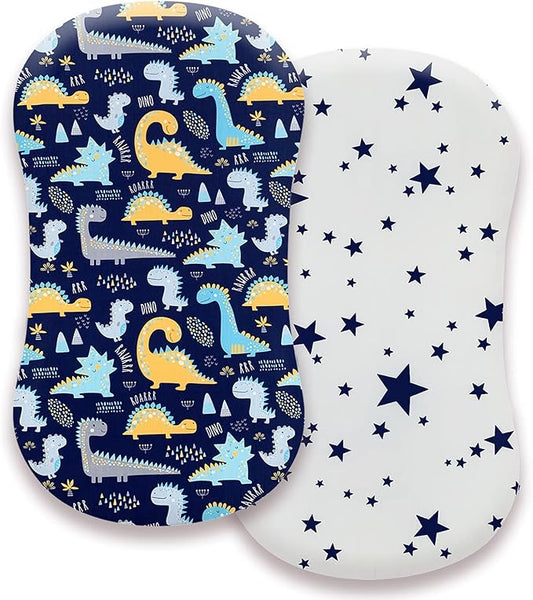 Premium Cotton Bassinet Sheets, Fit for Halo Bassinest Swivel Sleeper, 2 Pack Hourglass Bassinet Mattress Sheet Set for Baby Boys, Soft Breathable Safe, Dinosaur & Stars