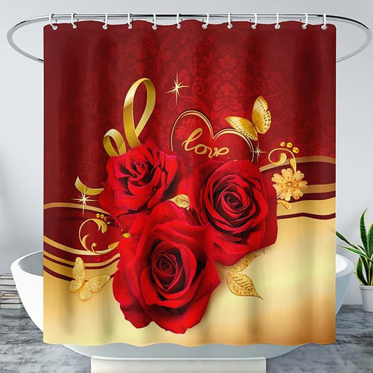AILONEN Red and Gold Shower Curtain,Red Rose Hearts Printed Bath Curtain,Romantic Luxury Rose Flower Waterproof Curtain for Bathroom Decor 72" W x 78" H