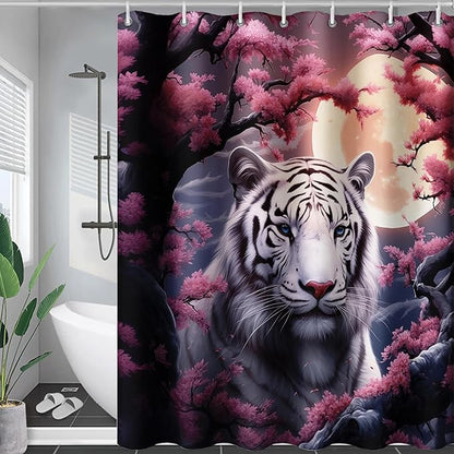 AILONEN Tiger Shower Curtains for Girls,Pink Flower White Tiger Bath Curtains for Bathroom Decor,Wild Animal Curtains Polyester Waterproof with 12 Plastic Hooks 72" W*72" H