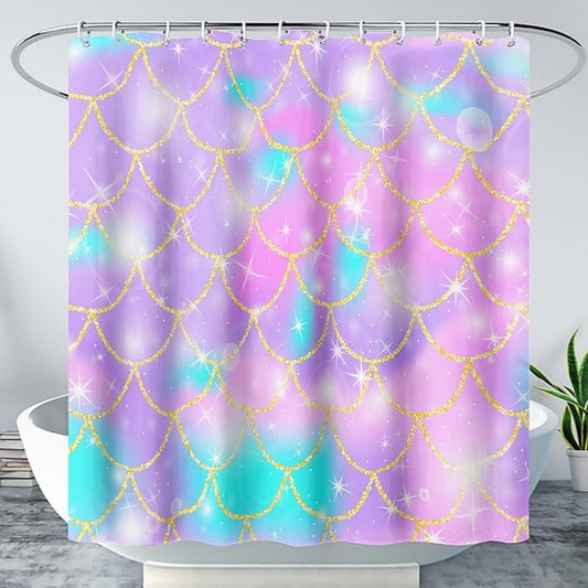 AILONEN Mermaid Scale Shower Curtain,Purple Mermaid Scale Bath Curtain for Girls Bathroom,Polyester Waterproof for Shower with 12 Plastic Hooks 60" W*72" H