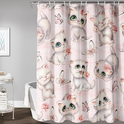 AILONEN Cat Kids Shower Curtain 72" W*78" H for Girls Teen,Kawaii Cat Butterfly Bath Curtain,Girls Pink Shower Curtain,Cat Lover Bathroom Curtain Decor Polyester Waterproof Curtain with 12 Hooks