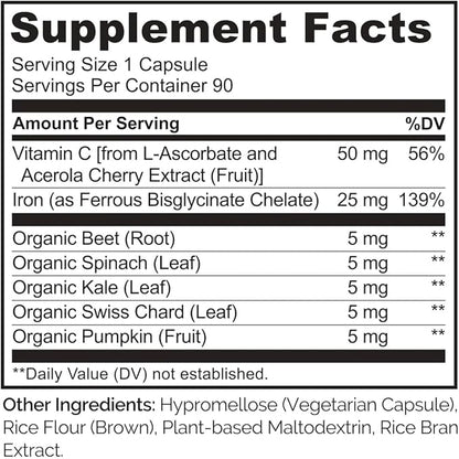 NATURELO Vegan Iron Supplement with Vitamin C and Organic Whole Foods - Gentle Pills for Women & Men w/Iron Deficiency Including Pregnancy, Anemia Diets 90 Mini Capsules