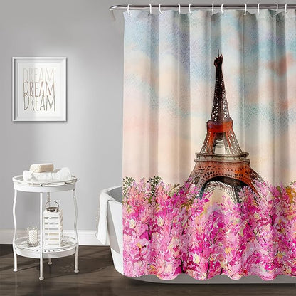 AILONEN Paris Tower Shower Curtain,Romantic Tower Theme Waterproof Fabric Shower Curtain Set for Girls Kids Teens, 72" W*78" H Pink Flowers Dreamy Eiffel Tower Shower Curtain