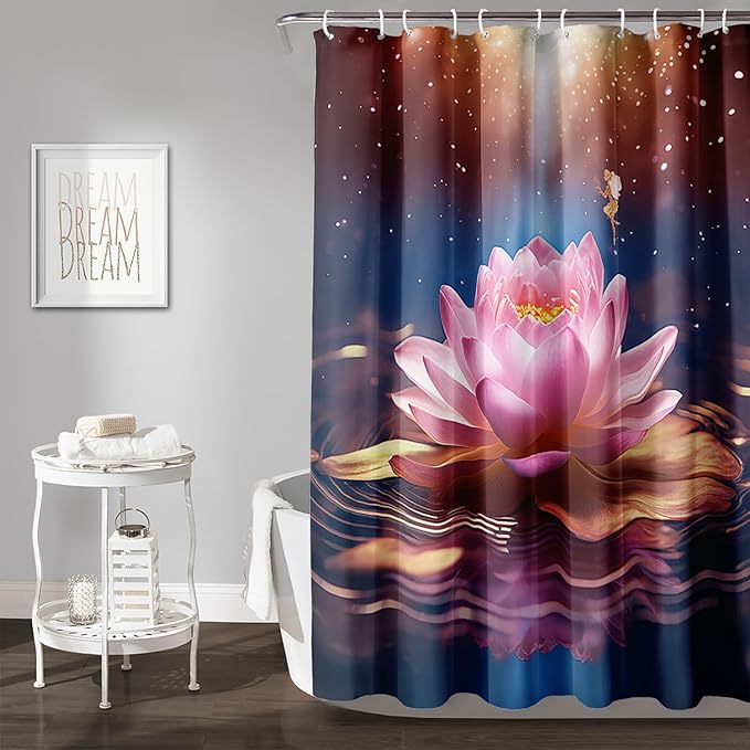 AILONEN Pink Flower Shower Curtain,Galaxy Floral Lotus Flower Bath Curtain,Polyester Waterproof for Bathroom with 12 Plastic Hooks 60" W*72" H