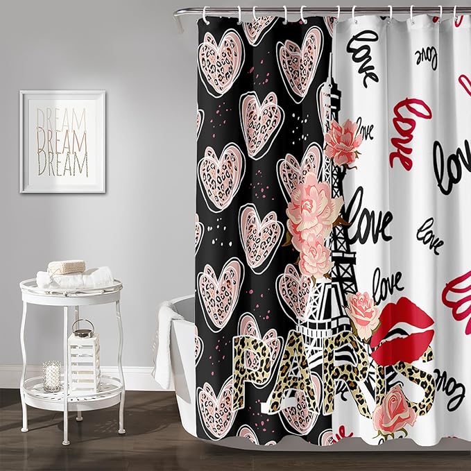 AILONEN Heart Love Shower Curtain for Bathroom, Black and White Eiffel Tower Print Bath Curtain,Pink Hearts Girls Women Shower Curtain Decoration Waterproof with 12 Plastic Hooks, 60" W*72" H