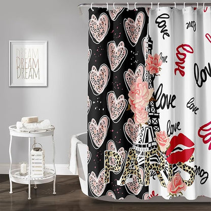 AILONEN Heart Love Shower Curtain for Bathroom, Black and White Eiffel Tower Print Bath Curtain,Pink Hearts Girls Women Shower Curtain Decoration Waterproof with 12 Plastic Hooks, 60" W*72" H