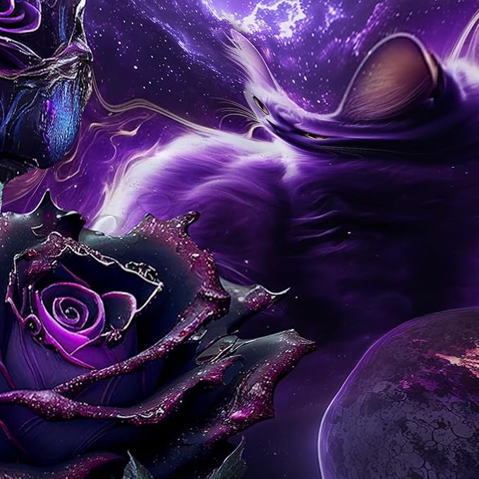AILONEN 3D Cat Shower Curtain Set, Oil Purple Rose with Black Cat Cloth Bath Curtain for Kids Boys Girls,Boho Starry Night Shower Curtain for Bathroom,72" W*72" H