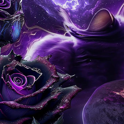 AILONEN 3D Cat Shower Curtain Set, Oil Purple Rose with Black Cat Cloth Bath Curtain for Kids Boys Girls,Boho Starry Night Shower Curtain for Bathroom,72" W*72" H