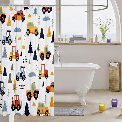 Feelyou Excavator Shower Curtain Cartoon Car Bathroom Shower Curtain Set Construction Vehicles Bath Curtain for Kids Boys Girls Equipment Trucks Kids Bathroom Accessories 72"x78"