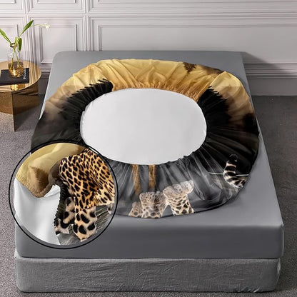 AILONEN Leopard Fitted Sheet Set Twin Size, 3D Cheetah Printed Bed Sheet Set,Wildlife Bedding Leopard Sheet Set,Wild Animal Leopard Bed Sheet Set Boys Fitted Sheet with 2 Pillowcases,3 Pieces